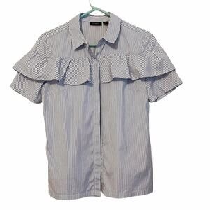 Halogen Blue White Pinstripe Ruffle Short Sleeve‎ Blouse Medium